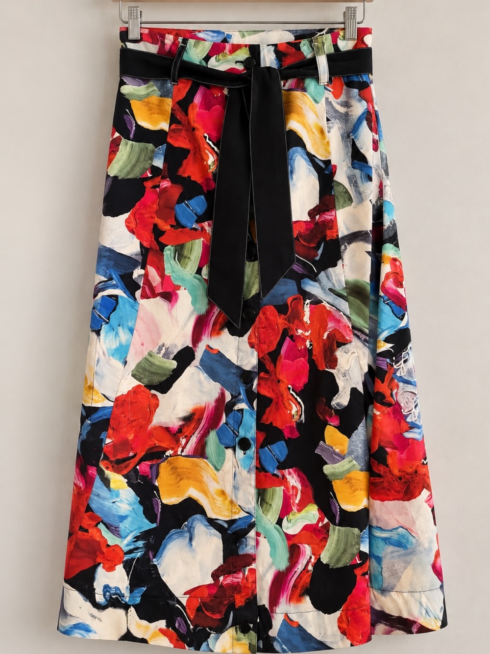 Colorful Abstract A-Line Skirt with Black Waist Tie